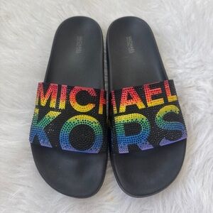 NWOB Michael Kors Rainbow Rhinestone Bling Slides size 10